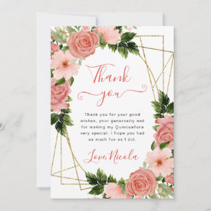 Aquarell Rosa Rosen Goldrahmen Quinceanera Dankeskarte