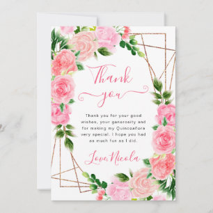 Aquarell Rosa Rosen Goldrahmen Quinceanera Dankeskarte