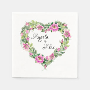 Aquarell-Rosa-Rosen-Herz-Rand-Braut und Bräutigam Serviette
