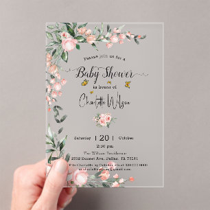 Aquarell-Rosa Rosen mit Schmetterling-Baby-Party Acryleinladungen