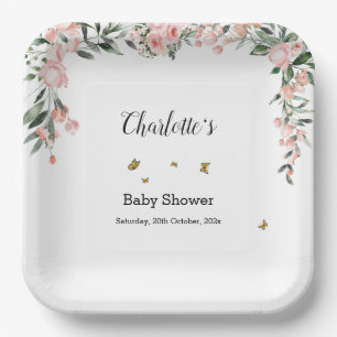 Aquarell-Rosa-Rosen mit Schmetterlingen Baby Showe Pappteller