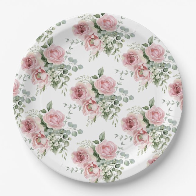 Aquarell-Rosa-Rosen-Muster Pappteller (Vorderseite)