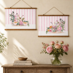 Aquarell-Rosa-Rosen-Nachmittagstee für Vogelliebha Wandteppich Mit Holzrahmen