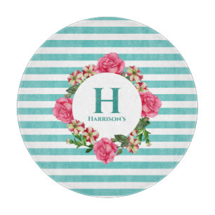 Aquarell-Rosa-Rosen-Rot-Weiße-Petunien-Monogramm Schneidebrett