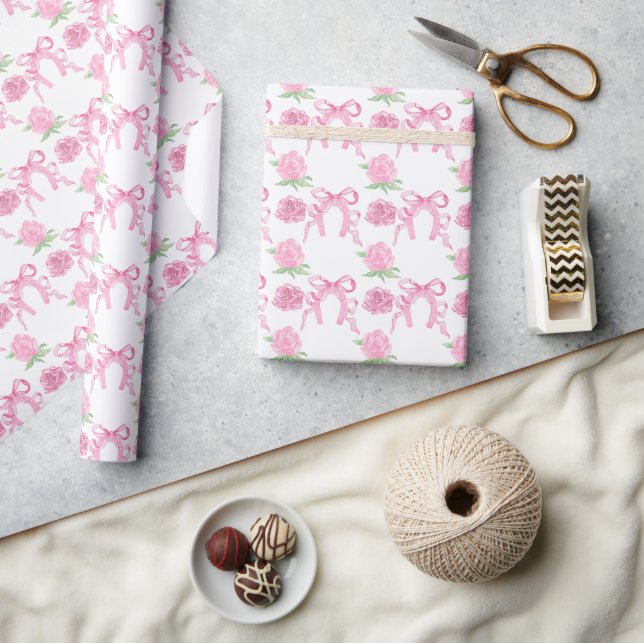 Aquarell-Rosa-Rosen & Schleifen Geschenkpapier (Kunsthandwerk)