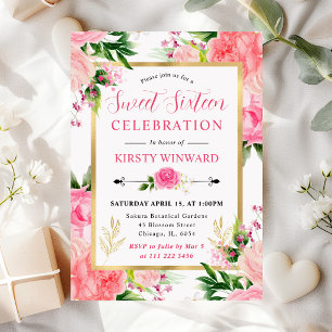 Aquarell Rosa Rosen Sommerblumen Sweet 16 Einladung
