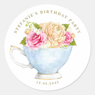 Aquarell-Rosa-Rosen-Teetasse-Blumen-Geburtstags-Te Runder Aufkleber