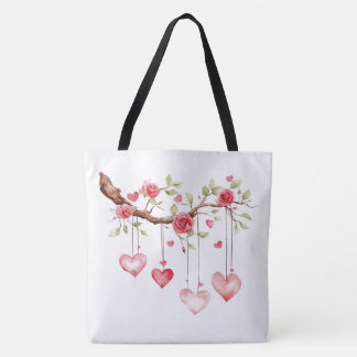 Aquarell-Rosa-Rosen-Zweig mit hängenden Herzen