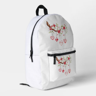 Aquarell-Rosa-Rosen-Zweig mit hängenden Herzen Bedruckter Rucksack