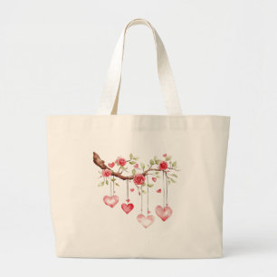 Aquarell-Rosa-Rosen-Zweig mit hängenden Herzen Jumbo Stoffbeutel