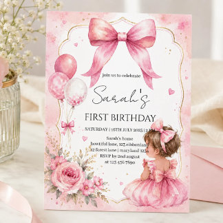 Aquarell-Rosa-Schleife-Baby-Mädchen-Geburtstags-Ei Einladung