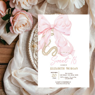 Aquarell Rosa Schleife Perlen Punkte Sweet 16 Einladung
