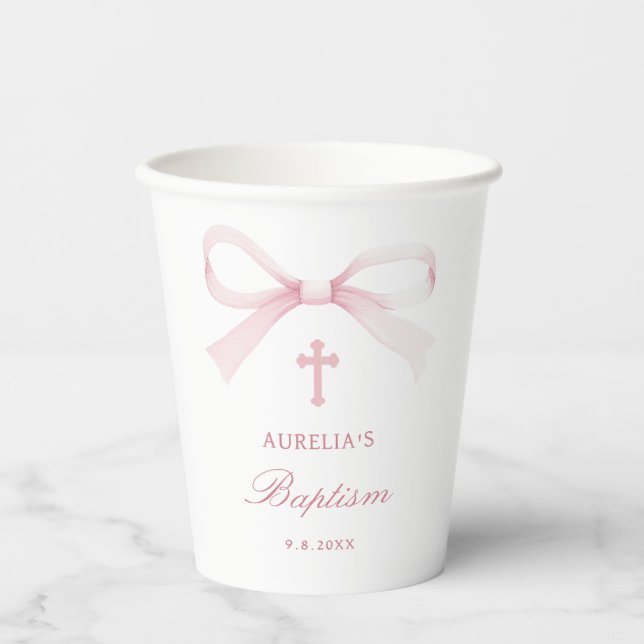 Aquarell Rosa Schleife Taufe Pappbecher (Vorderseite)