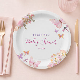 Aquarell-Rosa-Schmetterling-Blumen-Baby-Party Pappteller