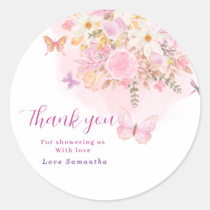 Aquarell-Rosa-Schmetterling Florale Babyparty Runder Aufkleber