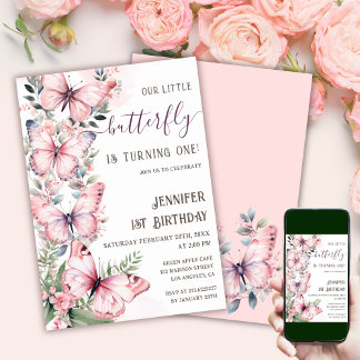 Aquarell Rosa Schmetterlinge 1. Geburtstagsschmett Einladung
