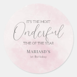 Aquarell Rosa Schnee 1. Geburtstag Weihnachten Runder Aufkleber