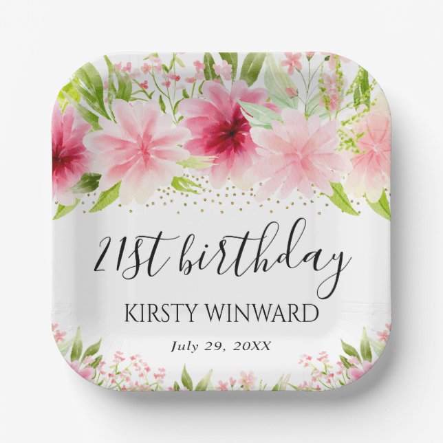 Aquarell Rosa Sommer Blume Geburtstag Pappteller (Vorderseite)