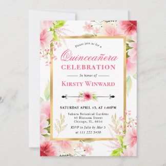 Aquarell Rosa Sommer Blume Quinceanera Einladung