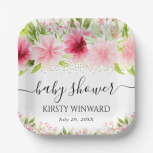 Aquarell-Rosa-Sommerblumen-Baby-Party Pappteller