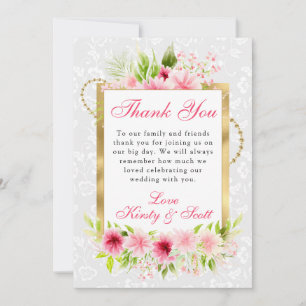 Aquarell Rosa Sommerblumen Goldfolie Hochzeit Dankeskarte