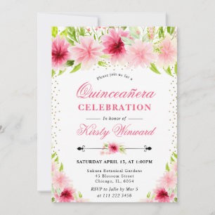Aquarell Rosa Sommerblumen Quinceanera Einladung
