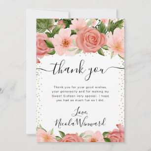 Aquarell Rosa Sommerrosen Blumen Sweet 16 Dankeskarte