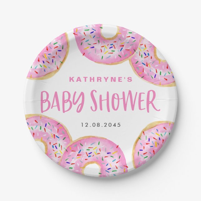 Aquarell-Rosa-Sprinkle-Donuts-Baby-Party Pappteller (Vorderseite)