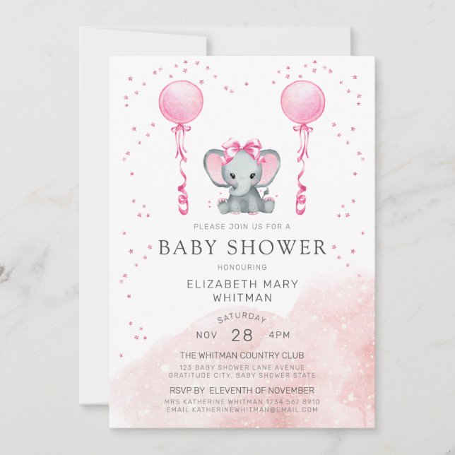 Aquarell rosa Stardust Elefant-Babyparty Einladung (Vorderseite)