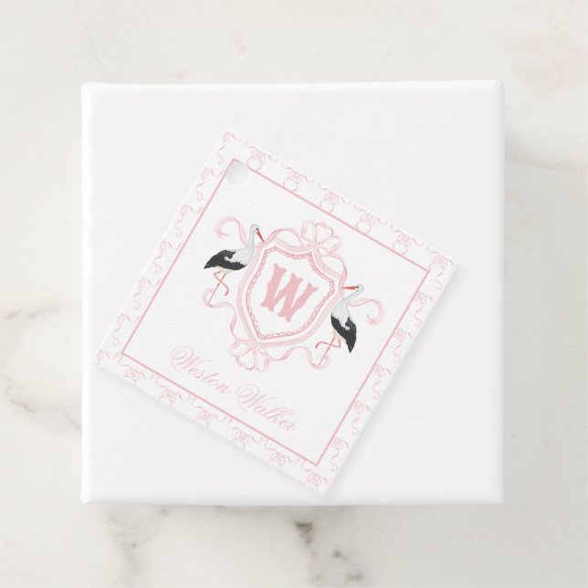 Aquarell-Rosa-Storch-Bogen-Monogrammwappen Geschenkanhänger (Beispiel)