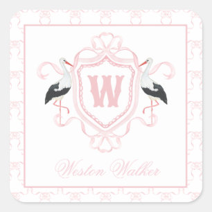 Aquarell Rosa Storch Bogen Monogrammwappen Quadratischer Aufkleber
