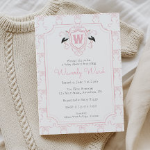 Aquarell-Rosa-Storch-Monogrammwappen-Baby-Party