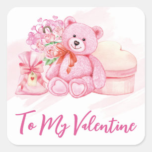 Aquarell-Rosa-Teddybär und Valentinstagsgeschenke Quadratischer Aufkleber