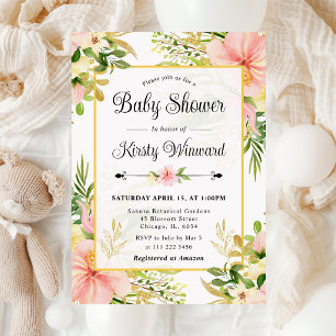 Aquarell Rosa Tropische Blumen Babyparty Einladung