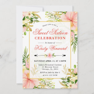 Aquarell Rosa Tropische Blumen Sweet Sixteen Einladung