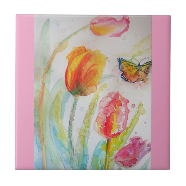 Aquarell-Rosa-Tulpen-Blumen-Keramikfliese Fliese (Vorderseite)