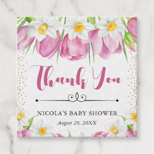 Aquarell-Rosa Tulpen und Osterglocken Baby Shower Geschenkanhänger