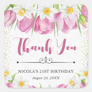 Aquarell-Rosa Tulpen und Osterglocken Geburtstag Quadratischer Aufkleber