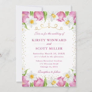 Aquarell Rosa Tulpen und Osterglocken Hochzeit Einladung
