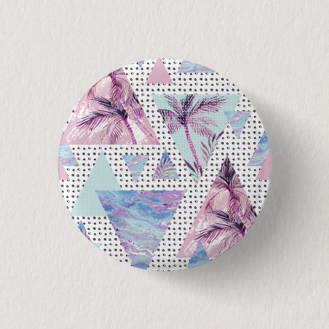Aquarell-rosa u. blaues Palme-Muster Button (Vorderseite)
