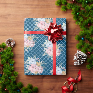 Aquarell-Rosa und Blaue Blume mit blauen Karos Geschenkpapier