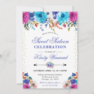 Aquarell Rosa und Blaue Blumen Sweet 16 Einladung