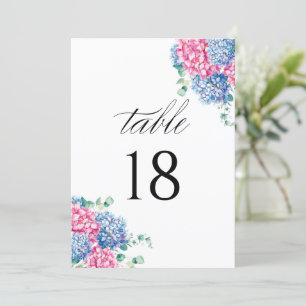 Aquarell Rosa und Blaue Hortensie-Tischnummer
