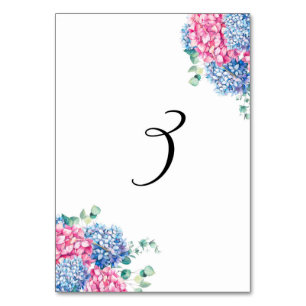 Aquarell-rosa und blaue Hydrangeas-Tabelle 3 Tischnummer
