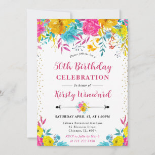 Aquarell-Rosa und gelbe Blumen 50. Geburtstag Einladung