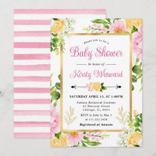 Aquarell-Rosa- und gelbe Blumen-Baby-Party Einladung