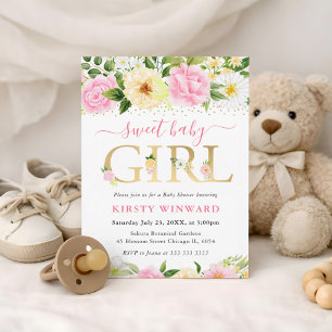 Aquarell Rosa und Gelbe Blumen Babyparty Einladung