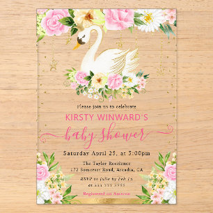 Aquarell-Rosa- und Gelbe-Blumen-Schwan-Baby-Party Acryleinladungen