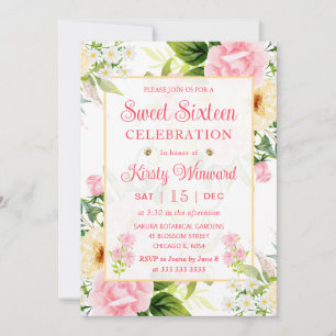 Aquarell-Rosa- und Gelbe Blumen Sweet Sixteen Einladung