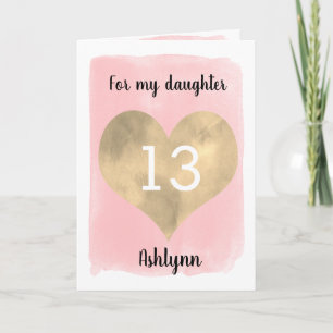 Aquarell Rosa und Gold Herz 13. Geburtstag Karte